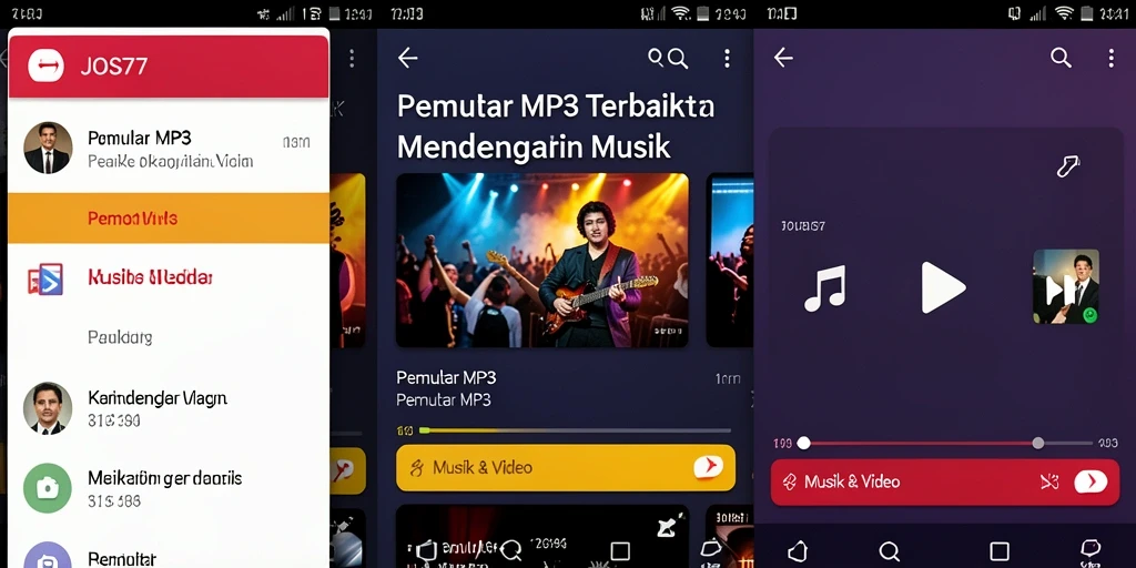 Tampilan antarmuka pemutar MP3 JOS77 yang modern dan sederhana.